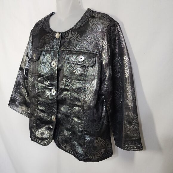 Ruby Rd. Womens Jacket Size 14 Gray Silver Metallic Button 3/4 Sleeve Blazer - Picture 4 of 10